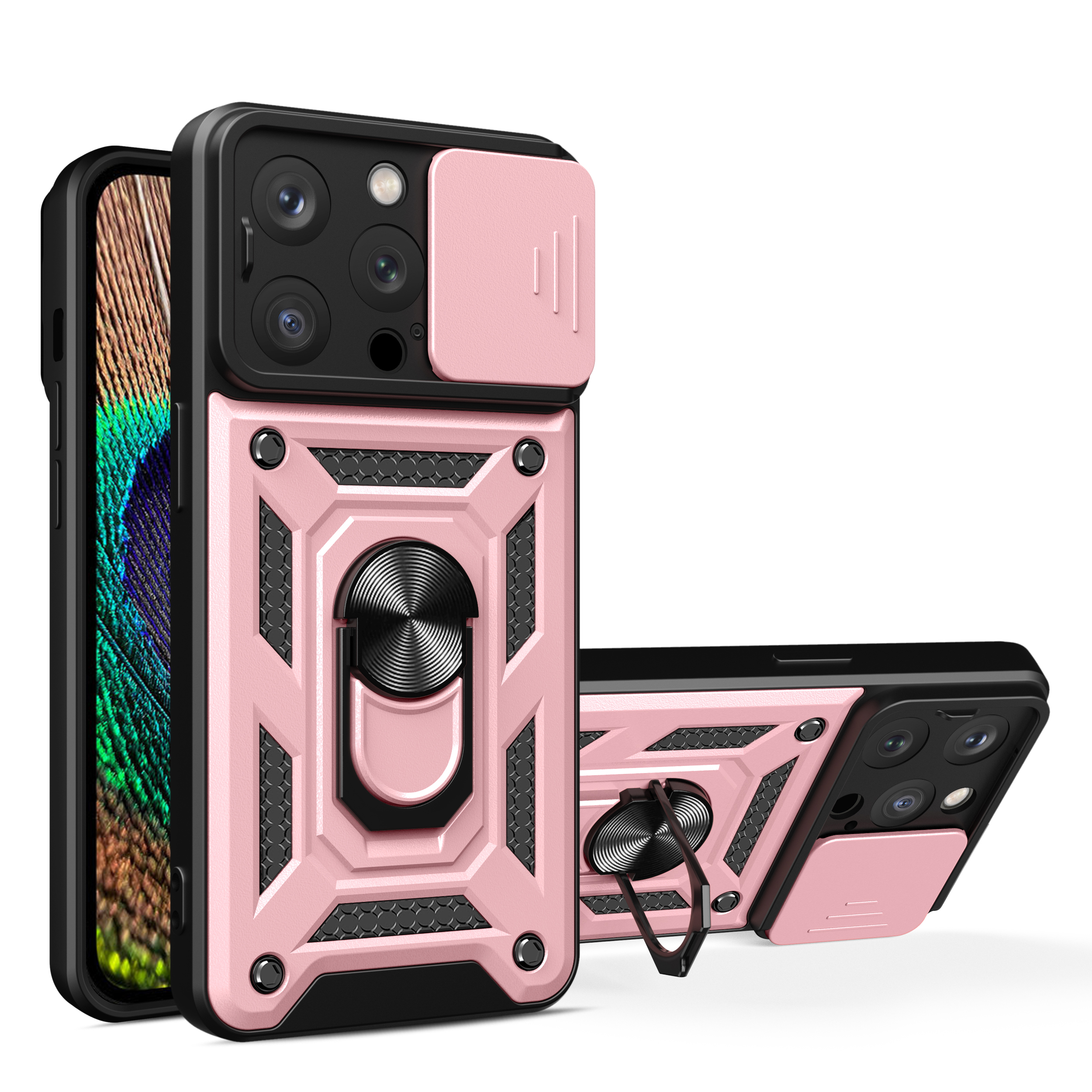 Hibrīda bruņu Camshield apvalks ar statīvu un kameras vāciņu iPhone 15 Pro - rozā
