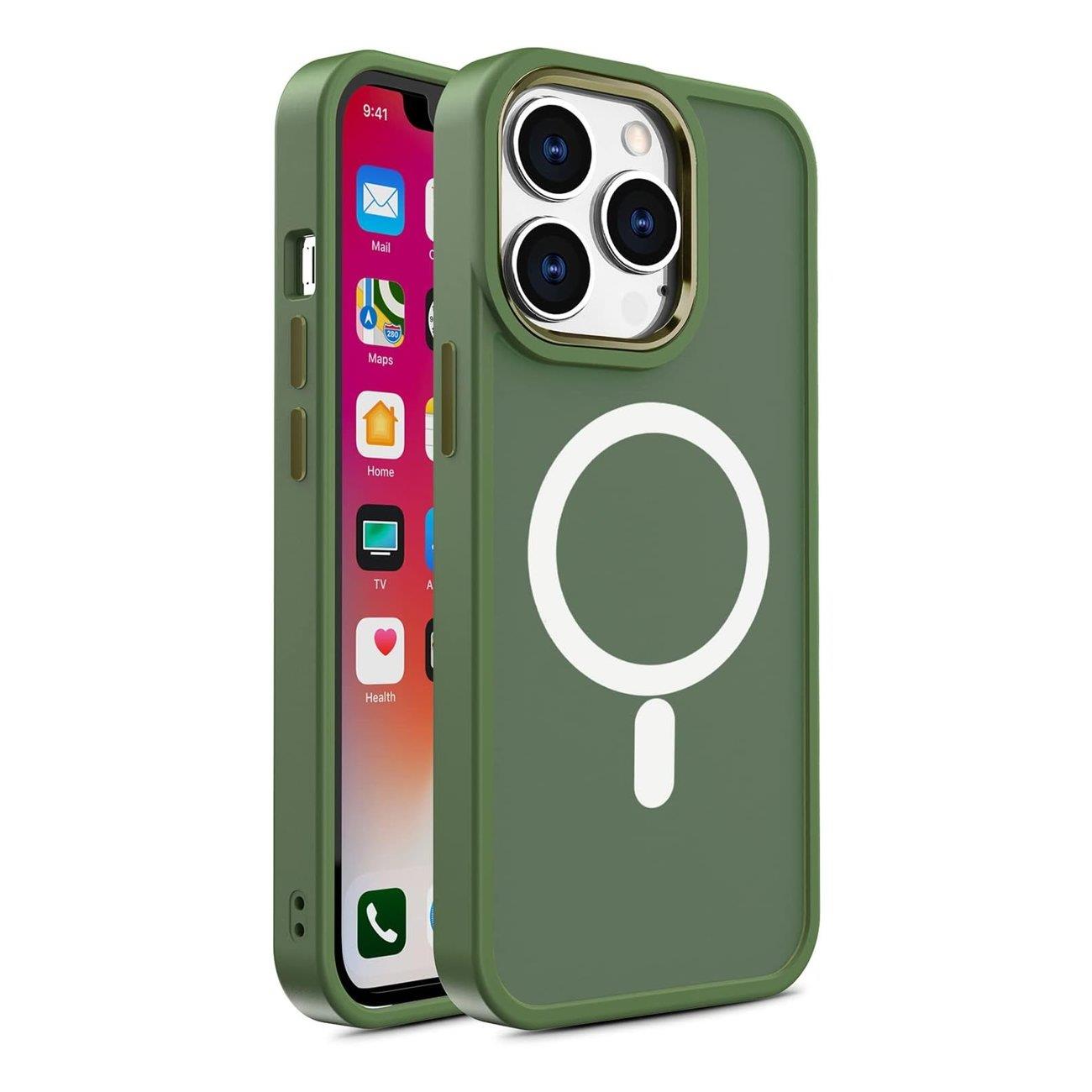 Bruņots magnētiskais iPhone 14 Plus MagSafe Color Matte apvalks - zaļš