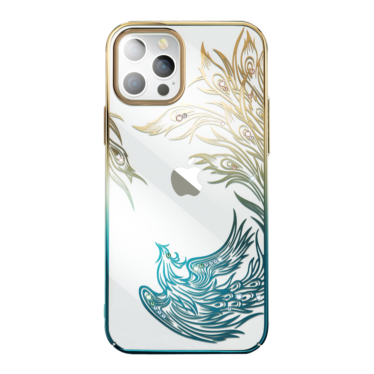 Luksusa iPhone 14 Plus apvalks ar Kingxbar Phoenix kristāliem - zelta un zils