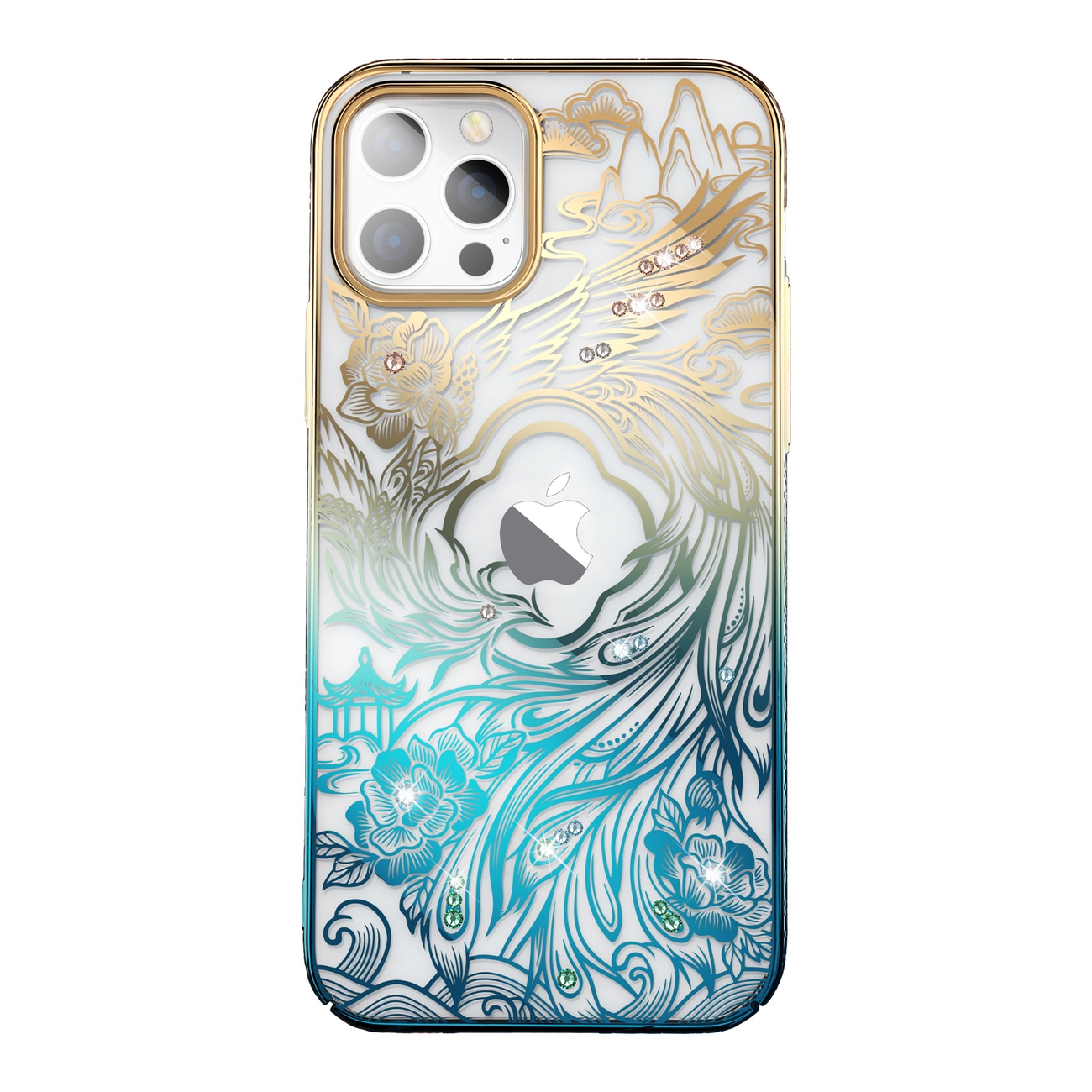 Luksusa iPhone 14 Plus apvalks ar Kingxbar Phoenix kristāliem - zelta un zils