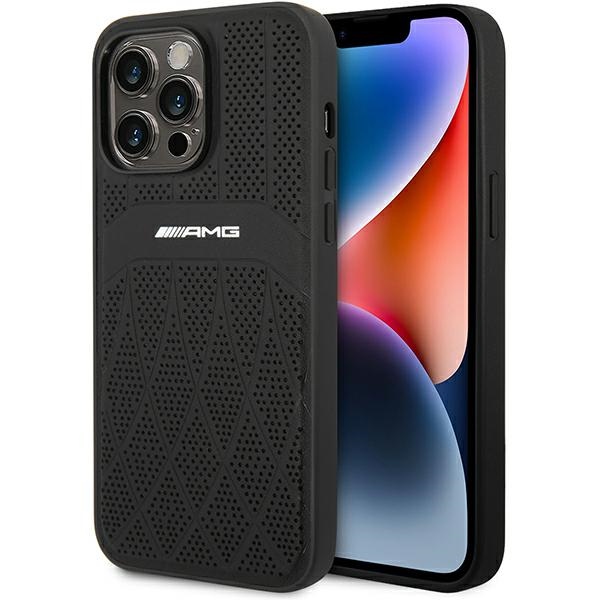 AMG AMHMP14XOSDBK iPhone 14 Pro Max 6.7" melns/melns cietais ādas apvalks ar izliekām līnijām MagSafe