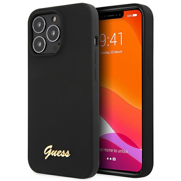 Viedtālruņa apvalks Guess GUHCP13XLSLMGBK iPhone 13 Pro Max 6.7" melna/melna cietais apvalks Silikona Uzraksts Zelta Logotips