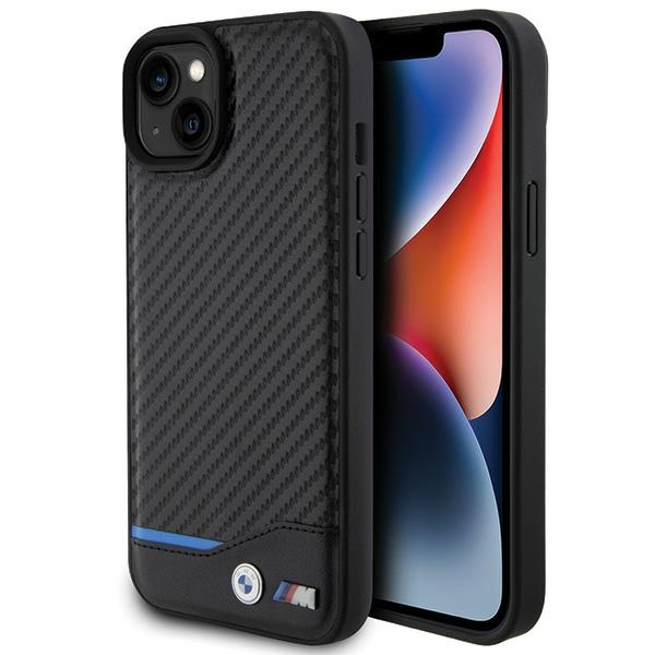 BMW ādas oglekļa viedtālruņa apvalks iPhone 15 Plus - melns