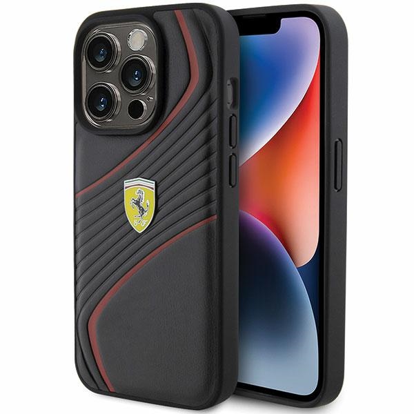 Ferrari Twist Metal Logo viedtālruņa apvalks iPhone 15 Pro - melns