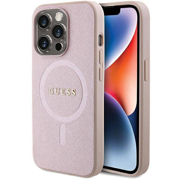 Guess Saffiano Magnētiskais viedtālruņa apvalks iPhone 15 Pro - rozā