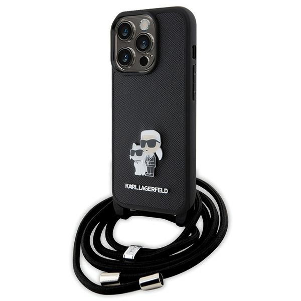 Karl Lagerfeld krustveida Saffiano metāla piespraude Karl & Choupette viedtālruņa apvalks iPhone 15 Pro - melns