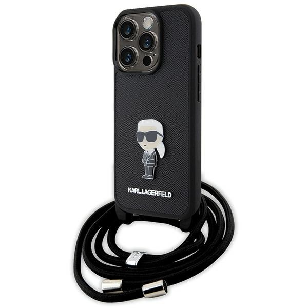 Karl Lagerfeld krustveida Saffiano monogramma metāla piespraude Karl & Choupette viedtālruņa apvalks iPhone 15 Pro - melns