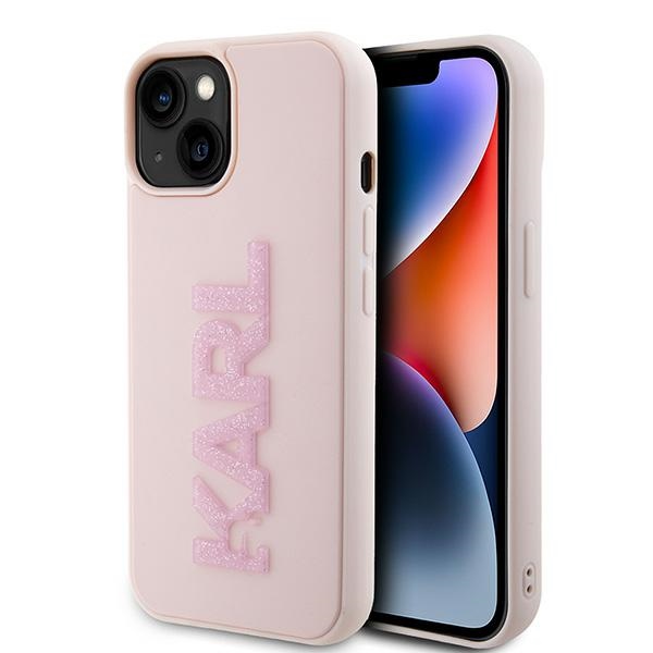 Karl Lagerfeld 3D gumijas spīdīgs logotips viedtālruņa apvalks iPhone 15 Plus - rozā