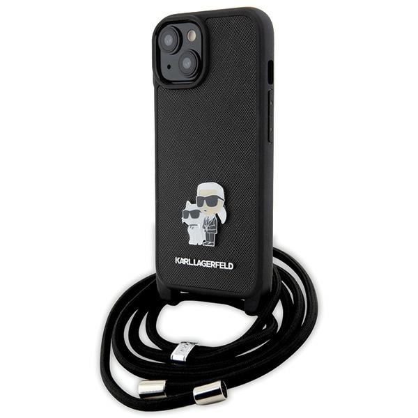 Karl Lagerfeld krustveida Saffiano metāla piespraude Karl & Choupette viedtālruņa apvalks iPhone 15 Plus - melns