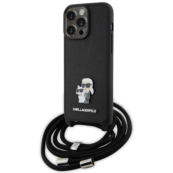 Karl Lagerfeld krustveida Saffiano metāla piespraude Karl & Choupette viedtālruņa apvalks iPhone 15 Pro Max - melns