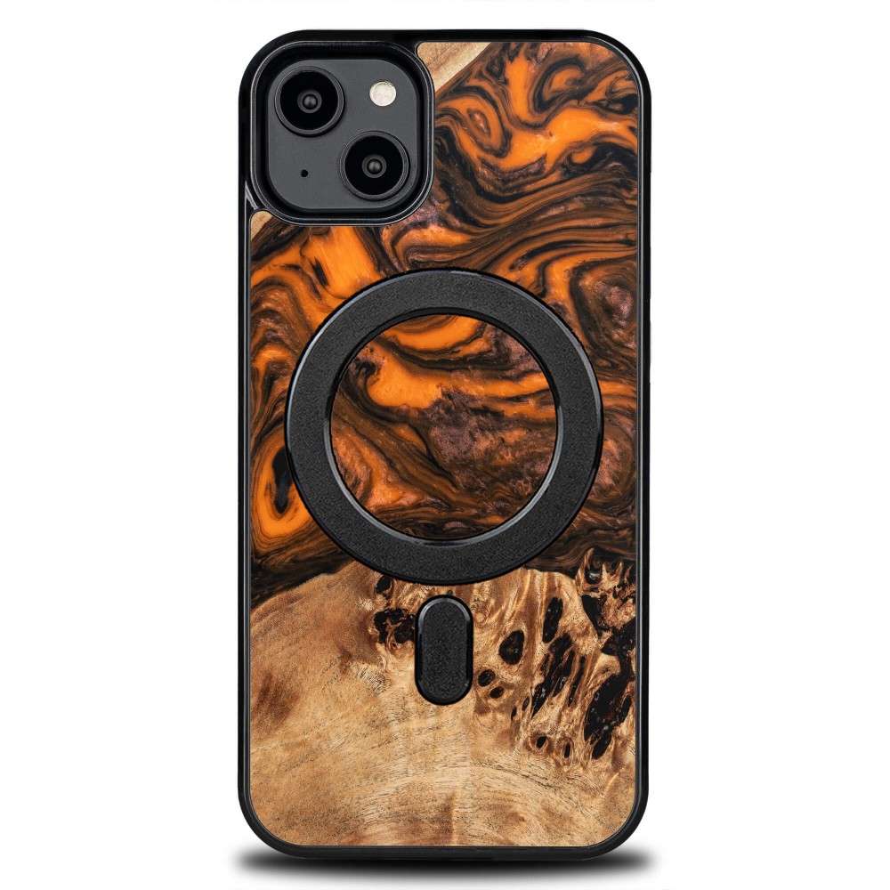 Koka un sveķu viedtālruņa apvalks iPhone 15 Plus Magnētiskais Bewood Unique Orange - oranža un melns