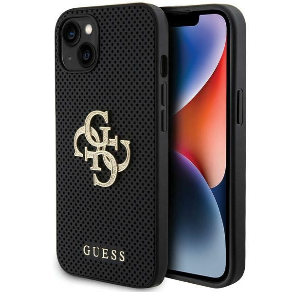 Guess Ādas perforēts 4G Spīdīgs logotips apvalks iPhone 15 - melns
