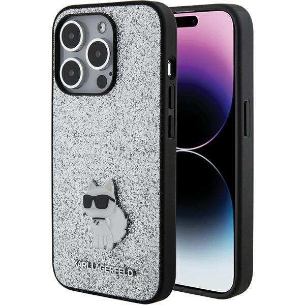 Karl Lagerfeld Fiksēts mirdzošs Choupette logotips metāla piespraude apvalks iPhone 15 Pro - sudraba