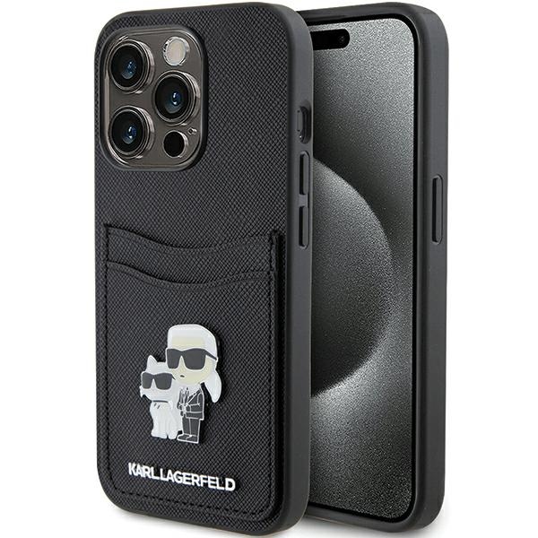 Karl Lagerfeld Saffiano karšu slotiņa Karl&Choupette metāla piespraude apvalks iPhone 15 Pro - melns