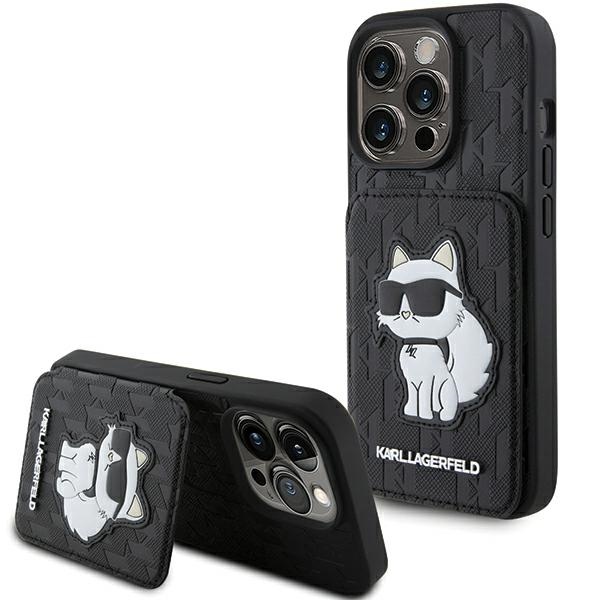 Karl Lagerfeld Saffiano Cardslots and Stand Monogram Choupette Viedtālruņa apvalks iPhone 15 Pro Max - melns