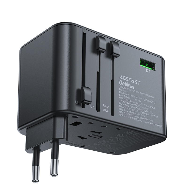 Acefast Z1 GaN 75W PD ceļojumu lādētājs adapteris 3x USB-C 2x USB-A - melns