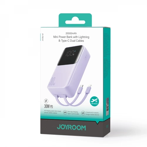 Power Bank Joyroom "JR-PBC07" Violets 20000mAh 30W (PD / QC3.0) + iebūvēti Type-C / Lightning kabeļi