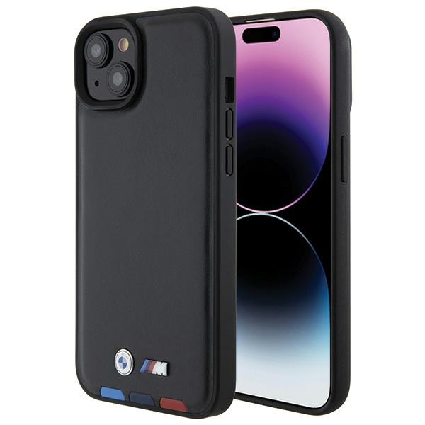 BMW BMHCP15M22PTDK viedtālruņa apvalks iPhone 15 Plus 6.7" melns/melns ādas ar trīskrāsu emblēmu