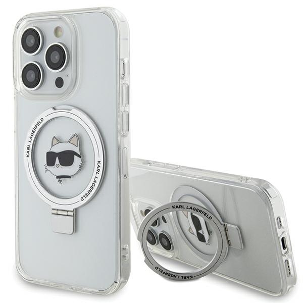Karl Lagerfeld KLHMP15LHMRSCHH iPhone 15 Pro 6.1" balts/balts cietais apvalks ar gredzena statīvu Choupette Galva Magnētiskais