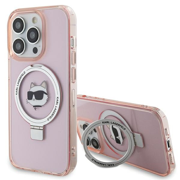 Karl Lagerfeld KLHMP15LHMRSCHP iPhone 15 Pro 6.1" rozā/rozā cietais apvalks ar gredzena statīvu Choupette Galva Magnētiskais
