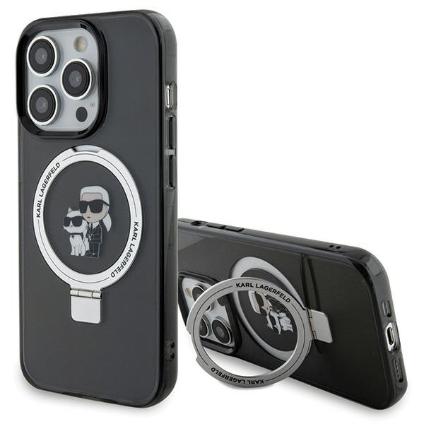 Karl Lagerfeld KLHMP15LHMRSKCK iPhone 15 Pro 6.1" melns/melns cietais apvalks ar gredzena statīvu Karl&Choupette Magnētiskais