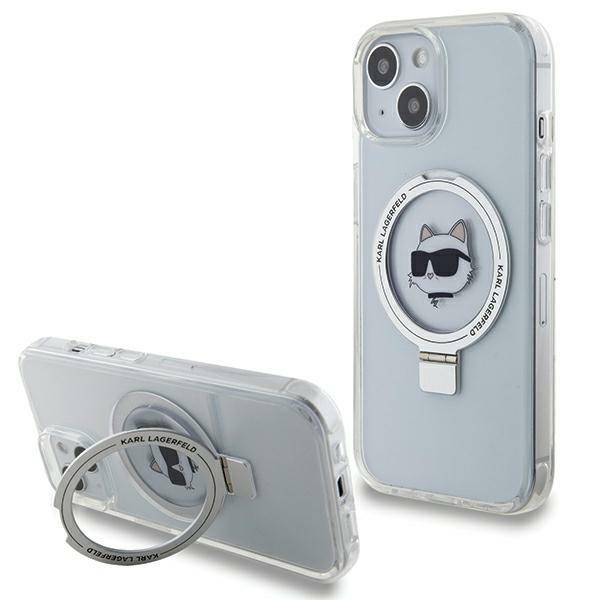 Karl Lagerfeld KLHMP15MHMRSCHH iPhone 15 Plus 6.7" balts/balts cietais apvalks ar gredzena statīvu Choupette Head Magnētiskais