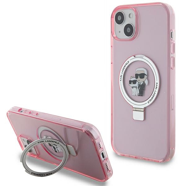Karl Lagerfeld apvalks ar gredzena statīvu Karl&Choupette Magnētiskais iPhone 15 Plus - rozā