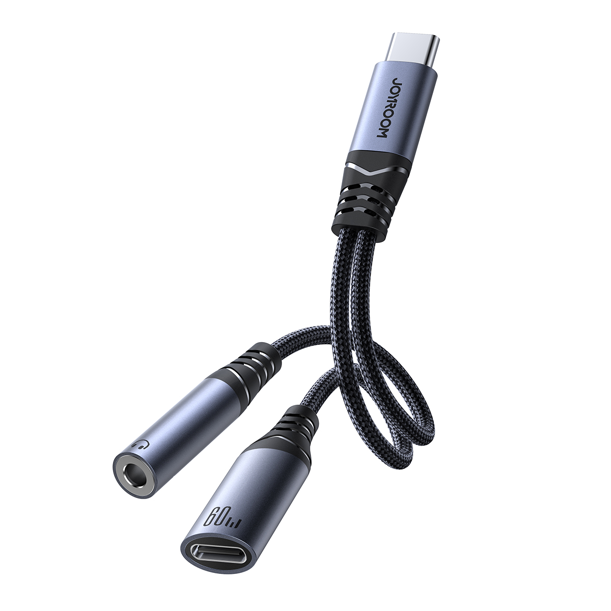 2‑in‑1 audio adapteris Joyroom SY-C02 Type-C uz 3.5mm + Type-C (melns)
