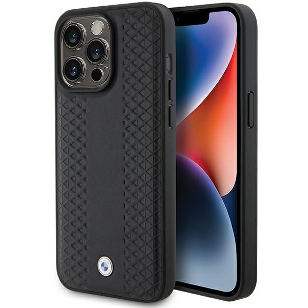 BMW ādas dimanta raksta viedtālruņa apvalks iPhone 15 Pro - melns