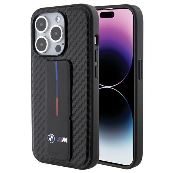 BMW ar statīvu gluds un oglekļa viedtālruņa apvalks iPhone 15 Pro - melns