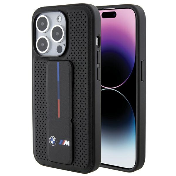 BMW ar statīvu gluds un perforēts viedtālruņa apvalks iPhone 15 Pro - melns