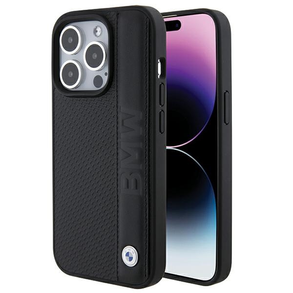 BMW ādas teksturēts un svītra iPhone 15 Pro Max viedtālruņa apvalks - melns