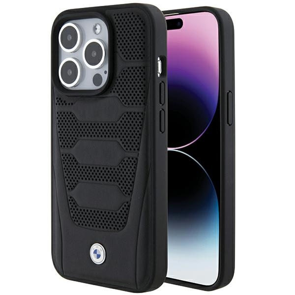 BMW ādas sēdekļu raksts viedtālruņa apvalks iPhone 15 Pro Max - melns