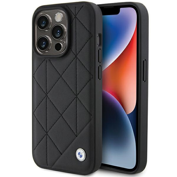 BMW ādas stepēts viedtālruņa apvalks iPhone 15 Pro Max - melns