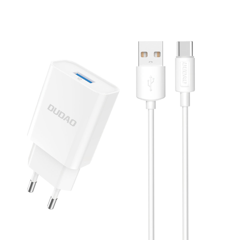 Dudao A4EU USB-A 2.1A sienas lādētājs - balts + USB-A - USB-C kabelis