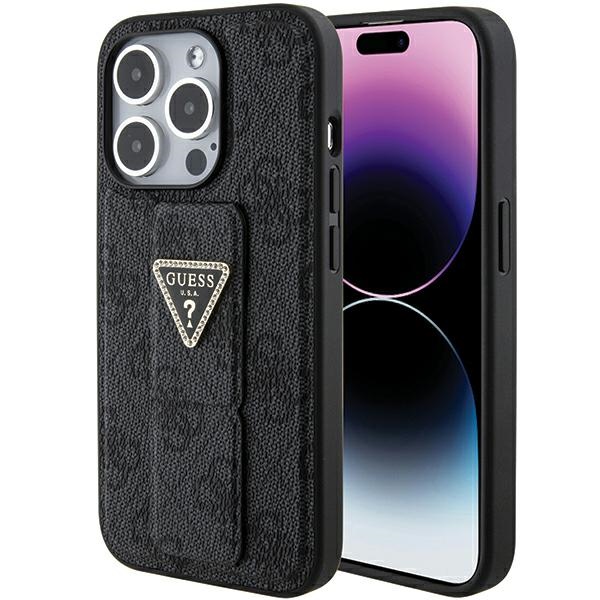 Guess Grip Stand 4G Triangle Strass viedtālruņa apvalks iPhone 15 Pro - melns