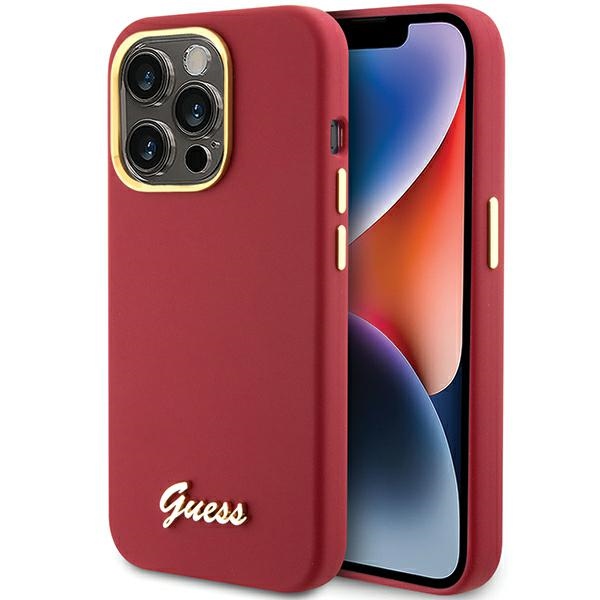 Guess Silicone Script Metal Logo & Frame viedtālruņa apvalks iPhone 15 Pro - sarkans
