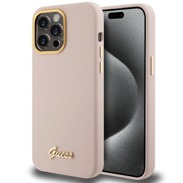 Guess silikona viedtālruņa apvalks ar metāla logo un rāmi iPhone 15 Pro Max - rozā