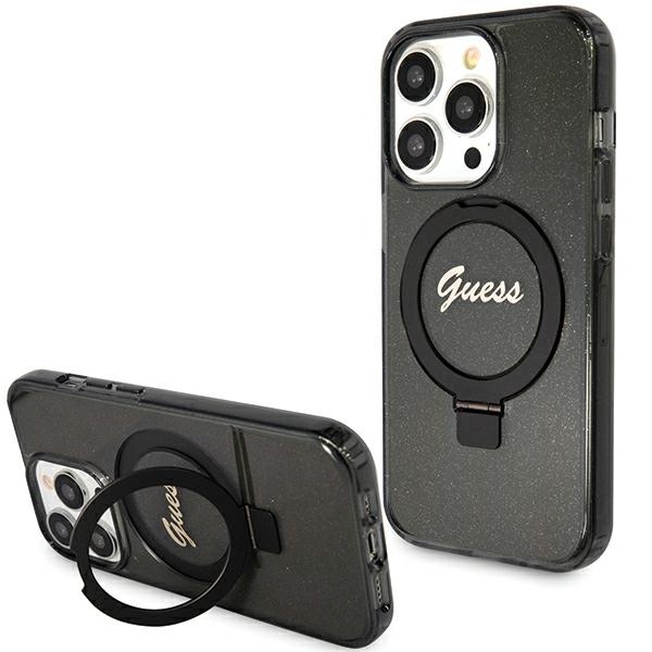 Guess viedtālruņa apvalks ar statīvu Ring Stand Script Glitter magnētiskais iPhone 15 Pro - melns