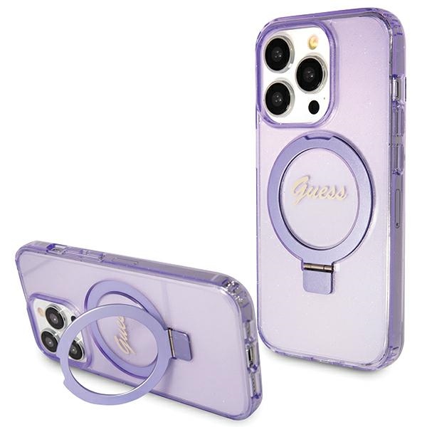 Guess viedtālruņa apvalks ar statīvu Ring Stand Script Glitter magnētiskais iPhone 15 Pro - violets