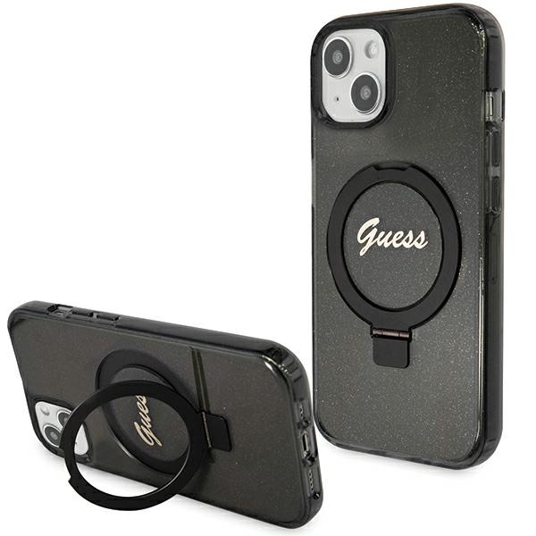 Guess viedtālruņa apvalks ar statīvu Ring Stand Script Glitter magnētiskais iPhone 15 Plus / 14 Plus - melns