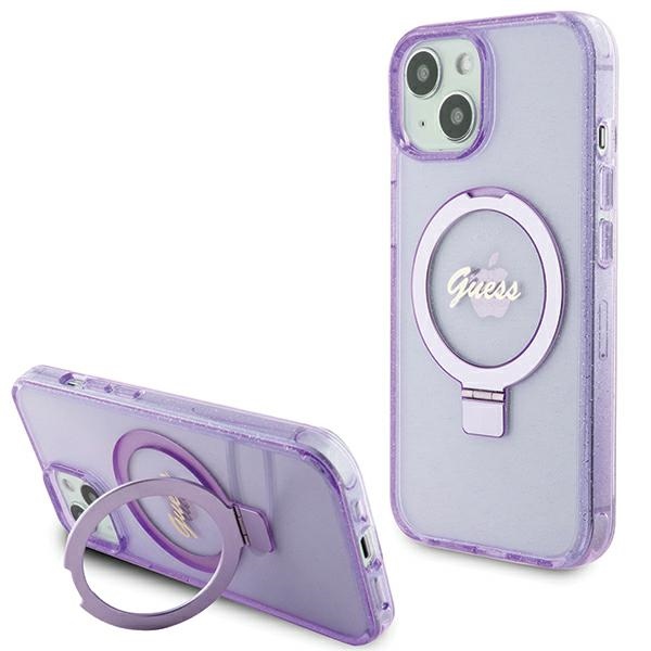 Guess viedtālruņa apvalks ar statīvu Ring Stand Script Glitter magnētiskais iPhone 15 Plus / 14 Plus - violets
