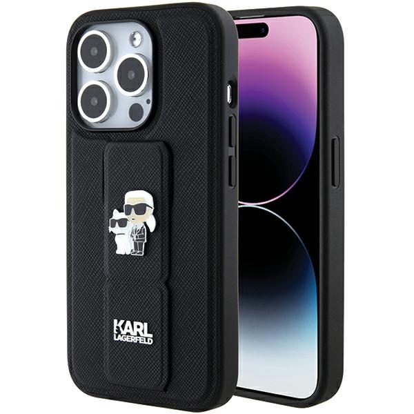 Karl Lagerfeld viedtālruņa apvalks ar statīvu Gripstand Saffiano Karl&Choupette Pins iPhone 15 Pro - melns
