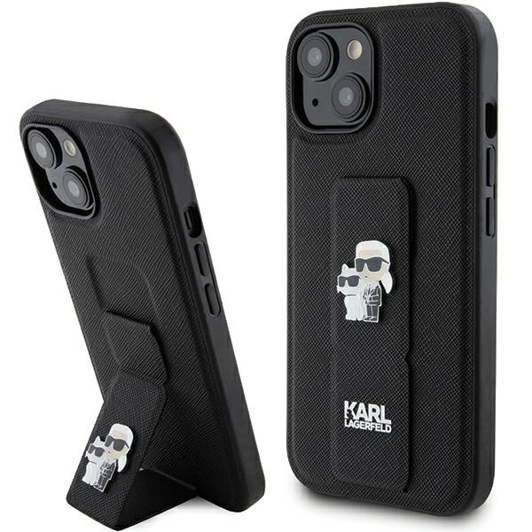 Karl Lagerfeld Gripstand Saffiano Karl&Choupette Pins apvalks viedtālrunim iPhone 15 Plus / 14 Plus - melns