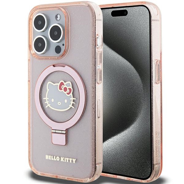 Hello Kitty gredzena statīvs spīdīgs Electrop Logo magnētiskais viedtālruņa apvalks iPhone 15 Pro - rozā