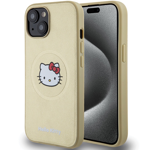 Hello Kitty ādas Kitty Head magnētiskais viedtālruņa apvalks iPhone 15 - zelta