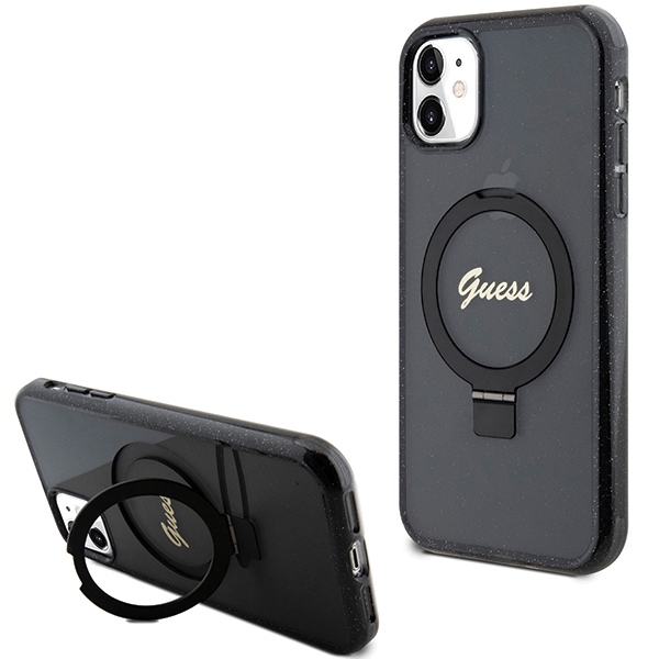 Guess Ring Stand Script Glitter Magnētiskais viedtālruņa apvalks iPhone 11 / Xr - melns
