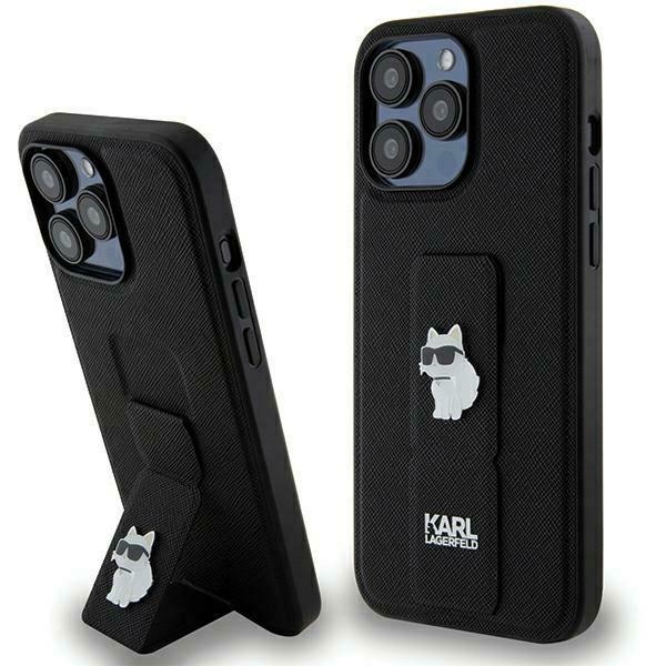 Karl Lagerfeld Gripstand Saffiano Choupette Pins viedtālruņa apvalks iPhone 13 Pro / 13 - melns