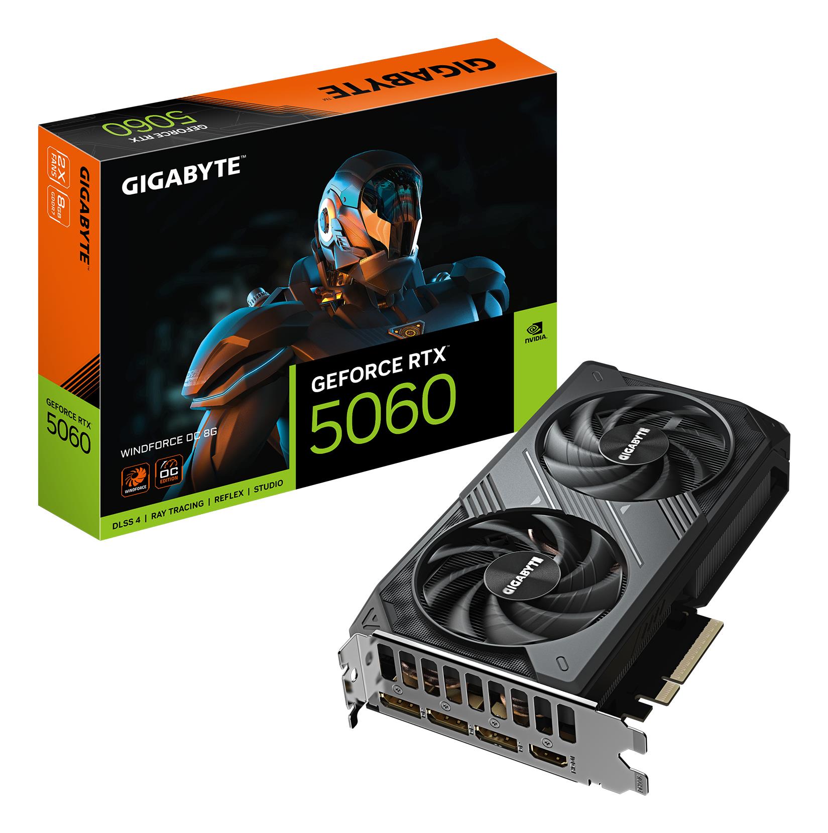 GIGABYTE GeForce RTX 5060 WINDFORCE OC 8G Grafiskā karte - 8GB GDDR7, 128bit, PCI-E 5.0, 2512 MHz Core Clock, 3 x DisplayPort, 1 x HDMI, GV-N5060WF2OC-8GD