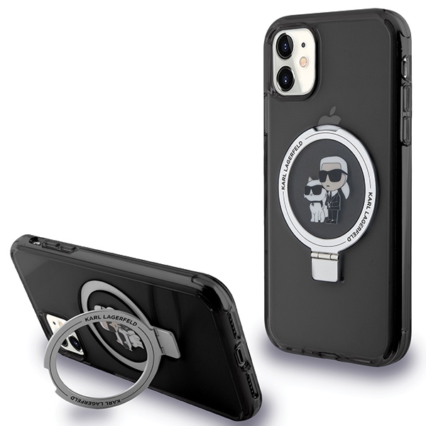 Karl Lagerfeld Magnētiskais viedtālruņa apvalks ar gredzena statīvu Karl&Choupette MagSafe iPhone 11 / Xr - melns